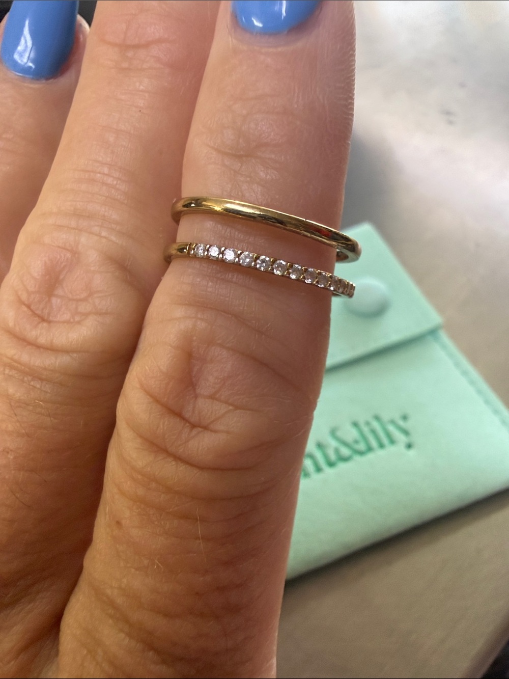 Gold Double Band Ring with Pavé CZ Row - Women Jewelry